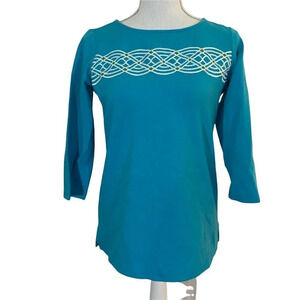 Bob Mackie Wearable Art Embroidered Blouse XXS Blue Green White 3/4 Sleeves Knit